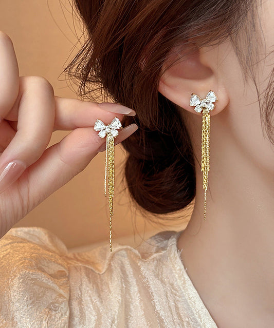 Skinny Gold Alloy Zircon Bow Tassel Drop Earrings WH041 JEW-EAR241116