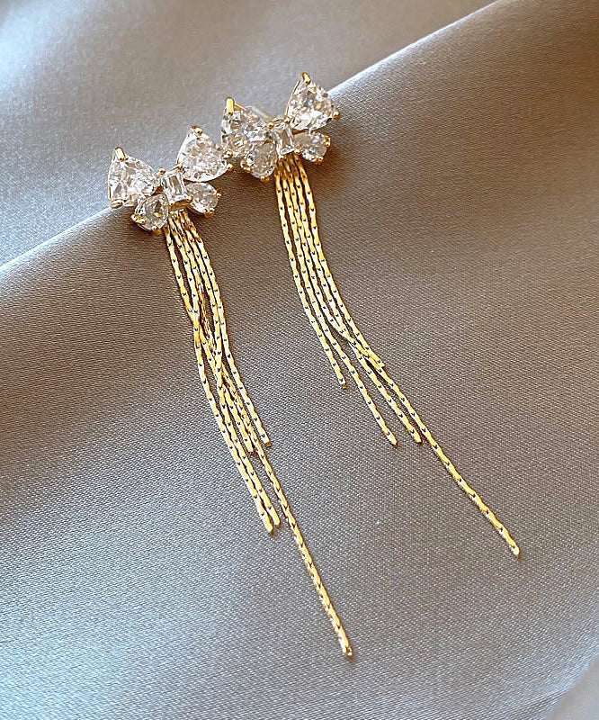 Skinny Gold Alloy Zircon Bow Tassel Drop Earrings WH041 JEW-EAR241116