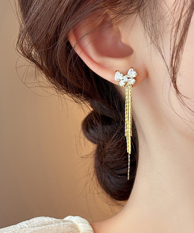 Skinny Gold Alloy Zircon Bow Tassel Drop Earrings WH041 JEW-EAR241116