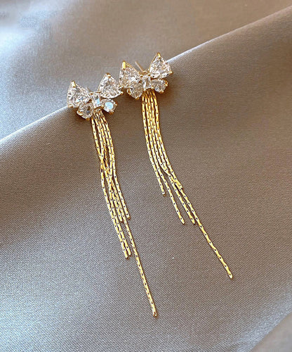 Skinny Gold Alloy Zircon Bow Tassel Drop Earrings WH041 JEW-EAR241116