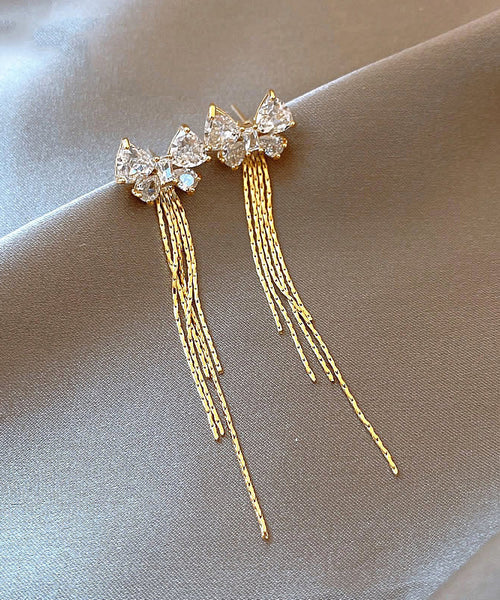 Skinny Gold Alloy Zircon Bow Tassel Drop Earrings WH041 JEW-EAR241116