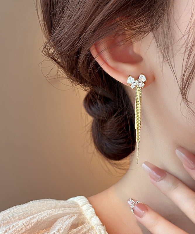 Skinny Gold Alloy Zircon Bow Tassel Drop Earrings WH041 JEW-EAR241116