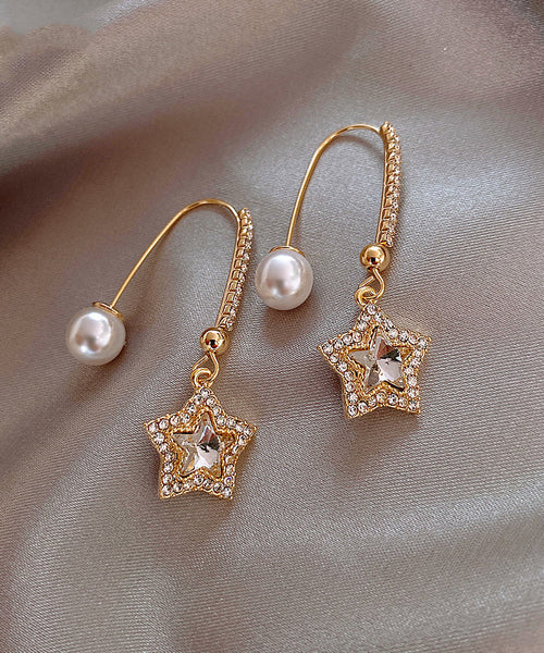 Skinny Gold Copper Alloy Pentagram Crystal Pearl Drop Earrings RB012 ABC