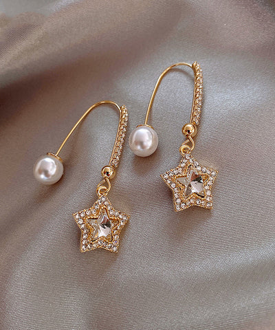Skinny Gold Copper Alloy Pentagram Crystal Pearl Drop Earrings RB012 ABC