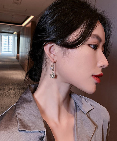 Skinny Gold Copper Alloy Pentagram Crystal Pearl Drop Earrings RB012 ABC