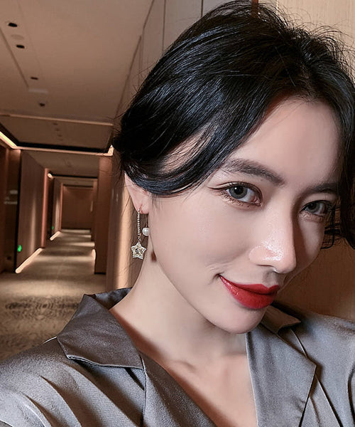 Skinny Gold Copper Alloy Pentagram Crystal Pearl Drop Earrings RB012 ABC