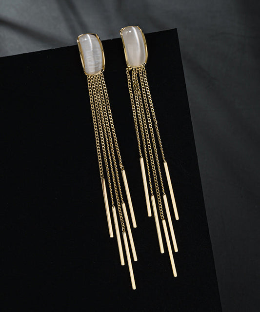 Skinny Gold Sterling Silver Alloy Cymophane Tassel Drop Earrings QQ050 JEW-EAR240811