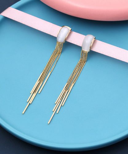 Skinny Gold Sterling Silver Alloy Cymophane Tassel Drop Earrings QQ050 JEW-EAR240811