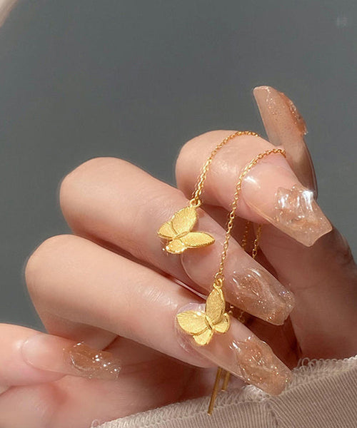 Skinny Gold Sterling Silver Overgild Butterfly Tassel Drop Earrings YI026 ABC