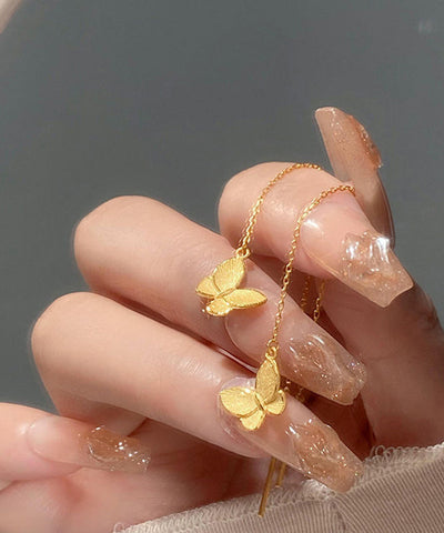 Skinny Gold Sterling Silver Overgild Butterfly Tassel Drop Earrings YI026 ABC