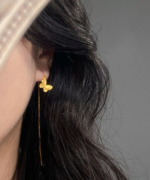 Skinny Gold Sterling Silver Overgild Butterfly Tassel Drop Earrings YI026 ABC