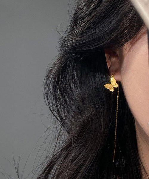 Skinny Gold Sterling Silver Overgild Butterfly Tassel Drop Earrings YI026 ABC