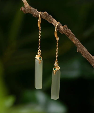 Skinny Gold Sterling Silver Overgild Jade Rectangular Drop Earrings TX050