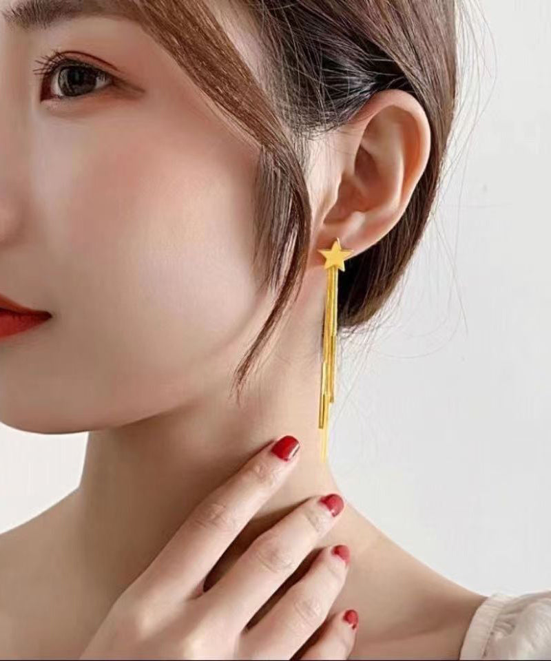 Skinny Gold Sterling Silver Overgild Star Tassel Drop Earrings DF1020 Ada Fashion