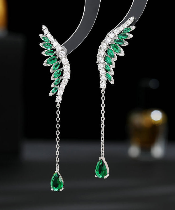 Skinny Green Copper Inlaid Zircon Crystal Wing Tassel Drop Earrings PO052 JEW-EAR240729