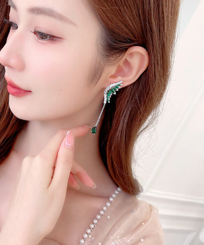 Skinny Green Copper Inlaid Zircon Crystal Wing Tassel Drop Earrings PO052 JEW-EAR240729