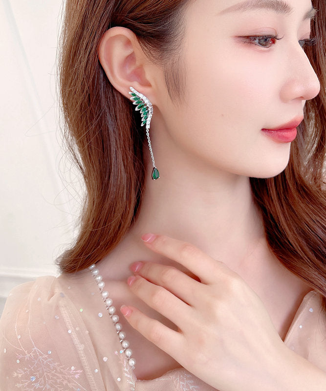 Skinny Green Copper Inlaid Zircon Crystal Wing Tassel Drop Earrings PO052 JEW-EAR240729