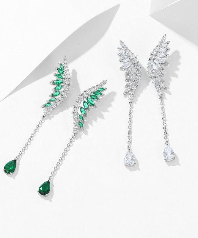 Skinny Green Copper Inlaid Zircon Crystal Wing Tassel Drop Earrings PO052 JEW-EAR240729