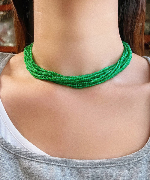 Skinny Green Stainless Steel Cat Eye Stone Multi Layer Beading Gratuated Bead Necklace YA026 ABC