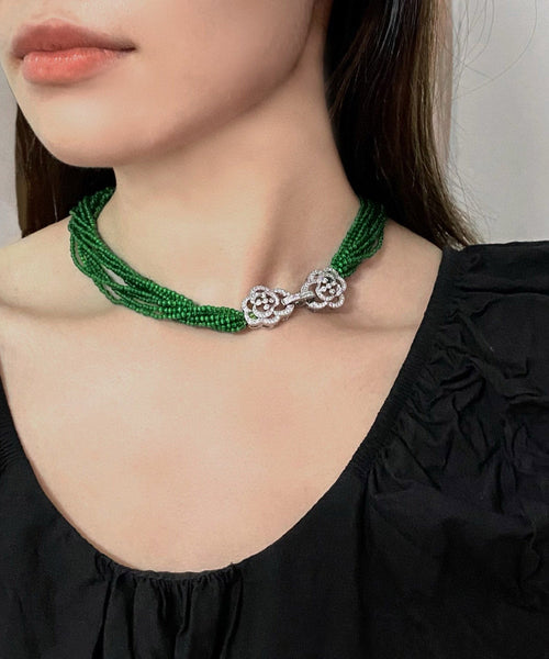 Skinny Green Stainless Steel Cat Eye Stone Multi Layer Beading Gratuated Bead Necklace YA026 ABC