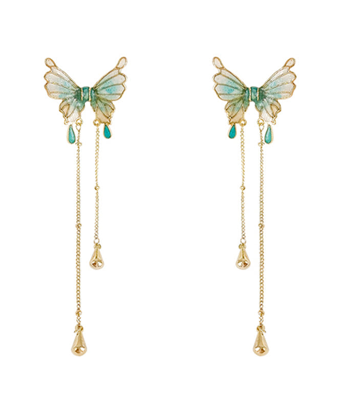 Skinny Green Sterling Silver Alloy Butterfly Pearl Tassel Drop Earrings AC1072 Genistyle Shop