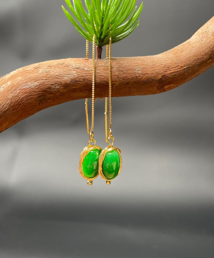 Skinny Green Sterling Silver Overgild Jade Tassel Drop Earrings GH1085 Ada Fashion