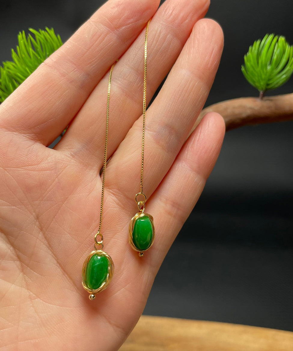 Skinny Green Sterling Silver Overgild Jade Tassel Drop Earrings GH1085 Ada Fashion