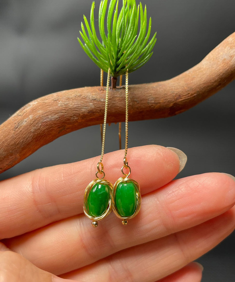 Skinny Green Sterling Silver Overgild Jade Tassel Drop Earrings GH1085 Ada Fashion