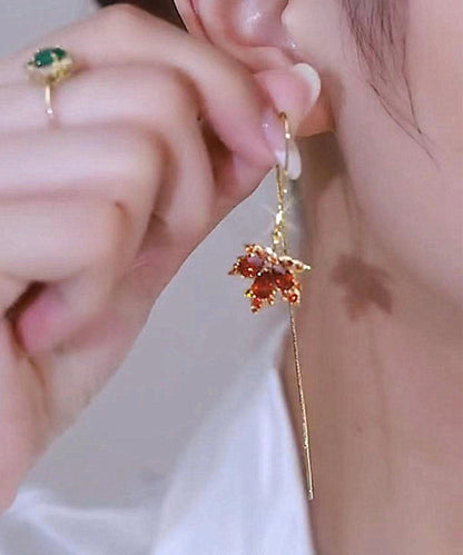 Skinny Red Sterling Silver Overgild Crystal Maple Leaf Tassel Drop Earrings WH008 JEW-SDL241116