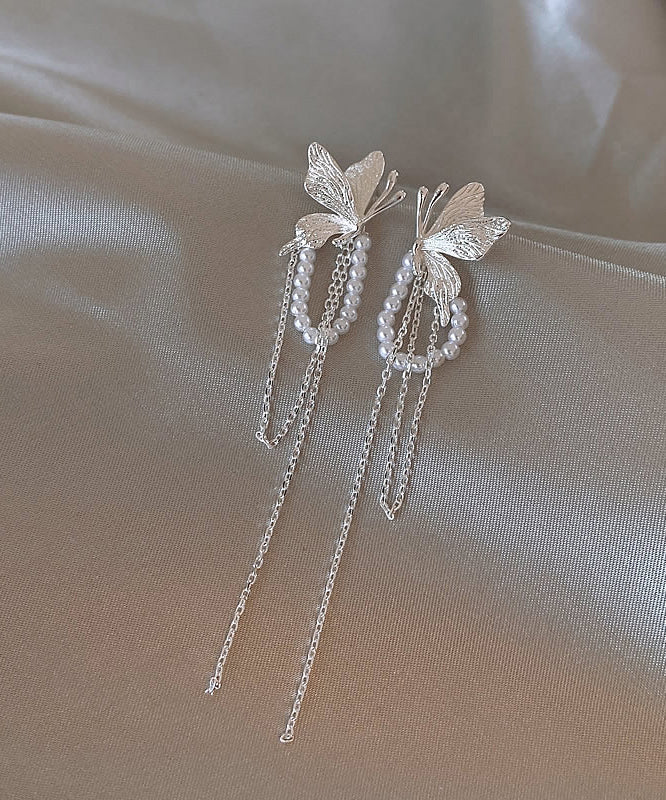 Copper Butterfly Alloy Skinny Silk Drop Pearl Earrings Tassel FashionChic