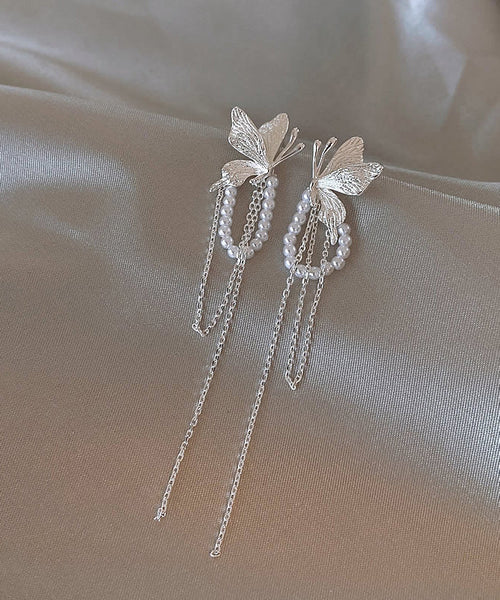 Copper Butterfly Alloy Skinny Silk Drop Pearl Earrings Tassel FashionChic
