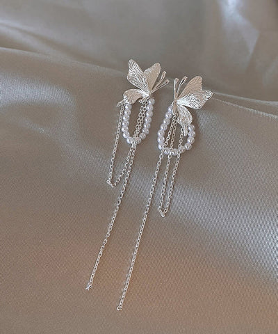 Copper Butterfly Alloy Skinny Silk Drop Pearl Earrings Tassel FashionChic