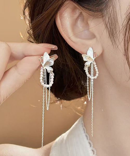 Copper Butterfly Alloy Skinny Silk Drop Pearl Earrings Tassel FashionChic