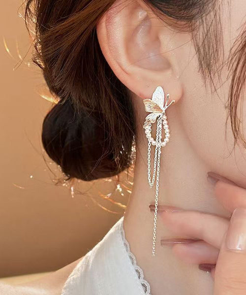 Copper Butterfly Alloy Skinny Silk Drop Pearl Earrings Tassel FashionChic