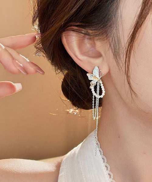 Copper Butterfly Alloy Skinny Silk Drop Pearl Earrings Tassel FashionChic