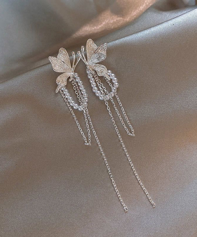 Copper Butterfly Alloy Skinny Silk Drop Pearl Earrings Tassel FashionChic
