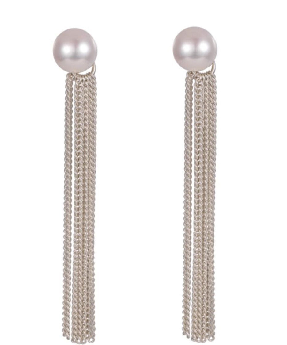 Skinny Silk Sterling Silver Pearl Tassel Drop Earrings ZZ005 JEW-EAR240613