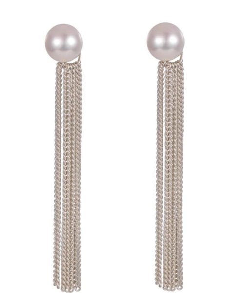 Skinny Silk Sterling Silver Pearl Tassel Drop Earrings ZZ005 JEW-EAR240613