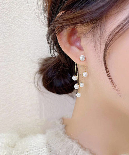 Skinny White Alloy Zircon Pearl Tassel Drop Earrings TX012