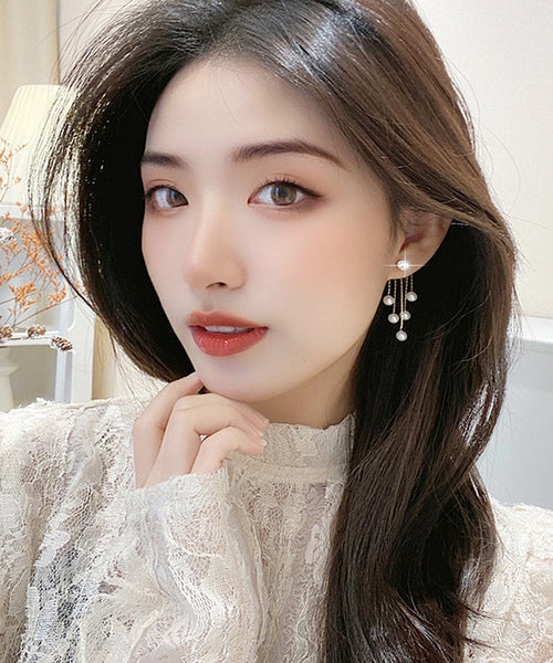 Skinny White Alloy Zircon Pearl Tassel Drop Earrings TX012