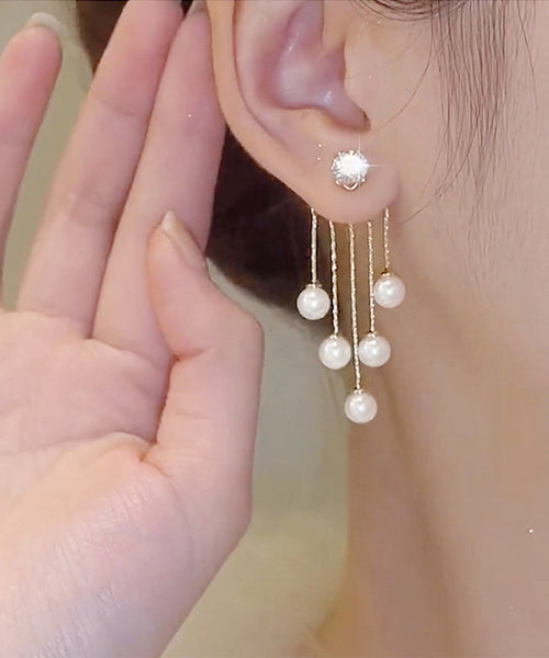Skinny White Alloy Zircon Pearl Tassel Drop Earrings TX012