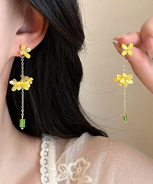 Osmanthus Earrings Drop Acrylic Flower Skinny Tassel Yellow FashionChic