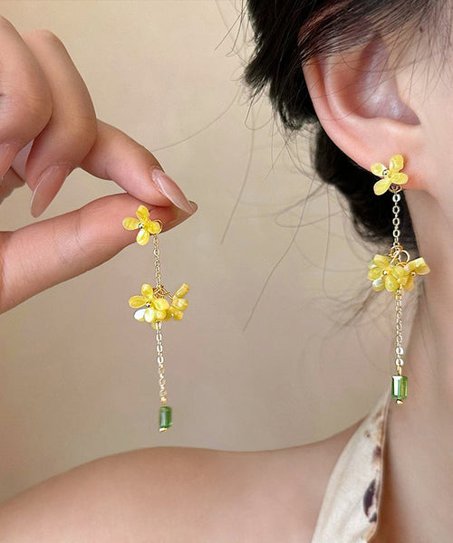 Osmanthus Earrings Drop Acrylic Flower Skinny Tassel Yellow FashionChic
