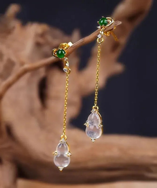 Skinny Yellow Sterling Silver Overgild Zircon Jade Gourd Drop Earrings AC1039 Genistyle Shop