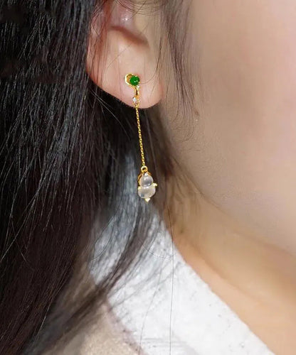 Skinny Yellow Sterling Silver Overgild Zircon Jade Gourd Drop Earrings AC1039 Genistyle Shop