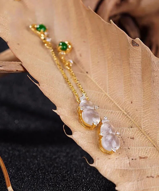 Skinny Yellow Sterling Silver Overgild Zircon Jade Gourd Drop Earrings AC1039 Genistyle Shop