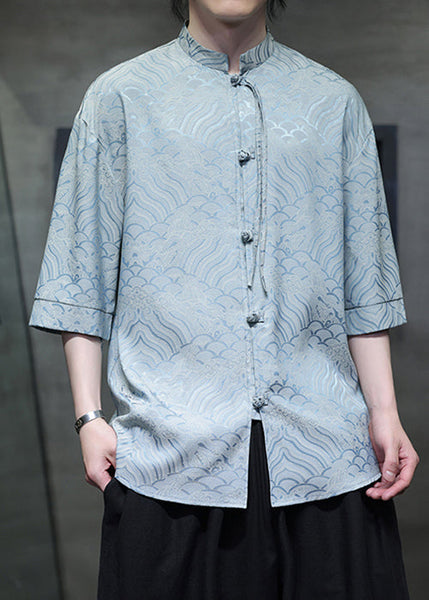 Sky Blue Button Ice Silk Men Shirt Stand Collar Half Sleeve YT069 Men-Silk-MENSTP240721