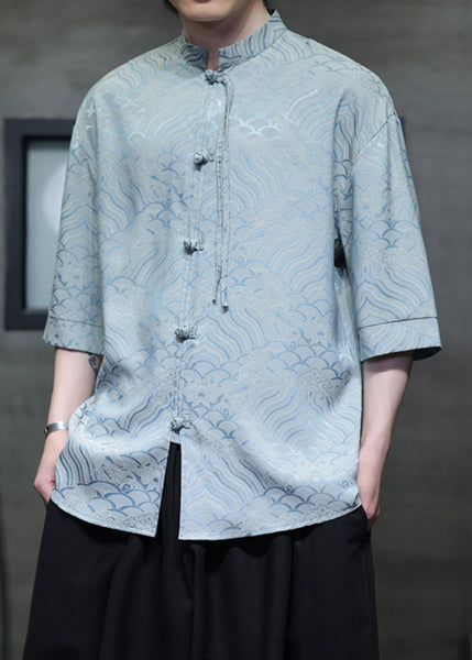 Sky Blue Button Ice Silk Men Shirt Stand Collar Half Sleeve YT069 Men-Silk-MENSTP240721