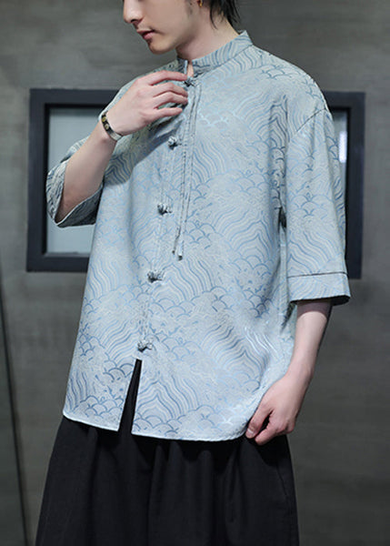 Sky Blue Button Ice Silk Men Shirt Stand Collar Half Sleeve YT069 Men-Silk-MENSTP240721