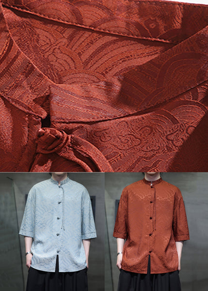 Sky Blue Button Ice Silk Men Shirt Stand Collar Half Sleeve YT069 Men-Silk-MENSTP240721